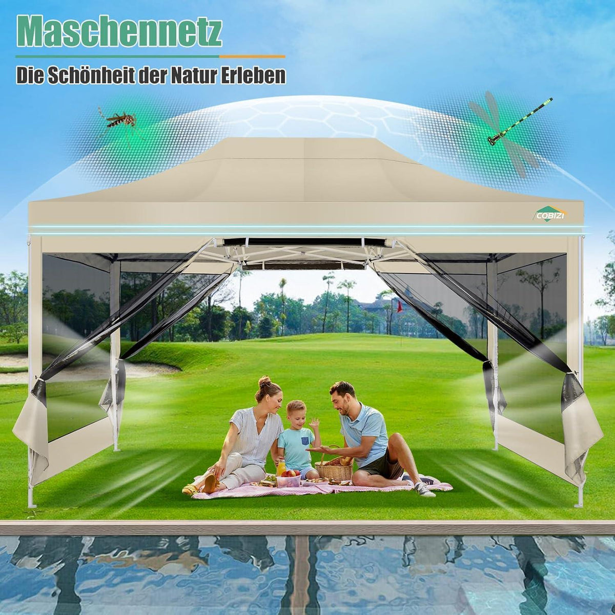 Faltpavillon 3x4,5m mit Moskitonetz & UV-Schutz – Gartenparty Zelt