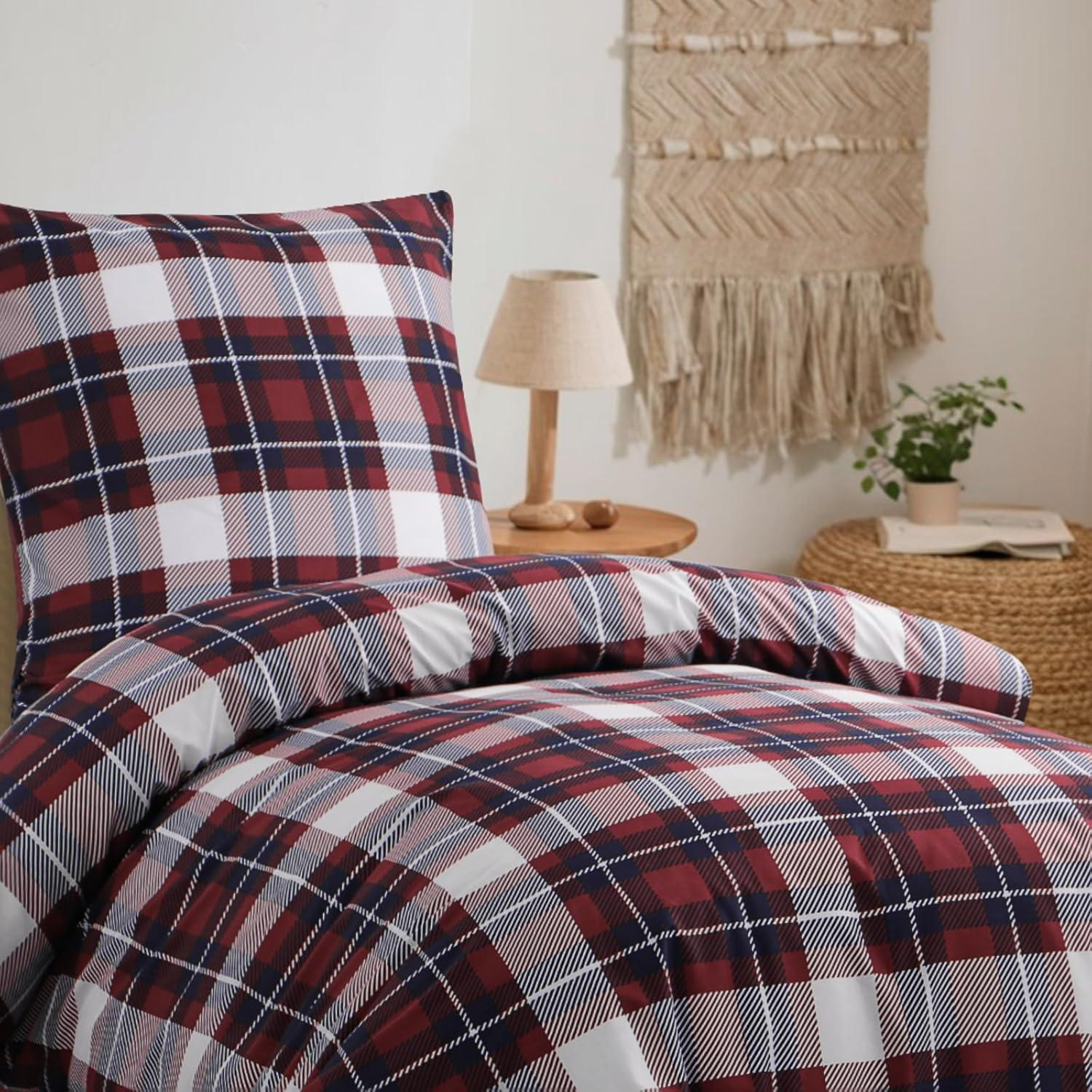 Bettwäsche Set Tartan-Muster Mikrofaser Reißverschluss Weich