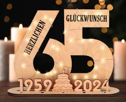 Originelles 65. Geburtstagsgeschenk mit LED Lichterkette - Holz