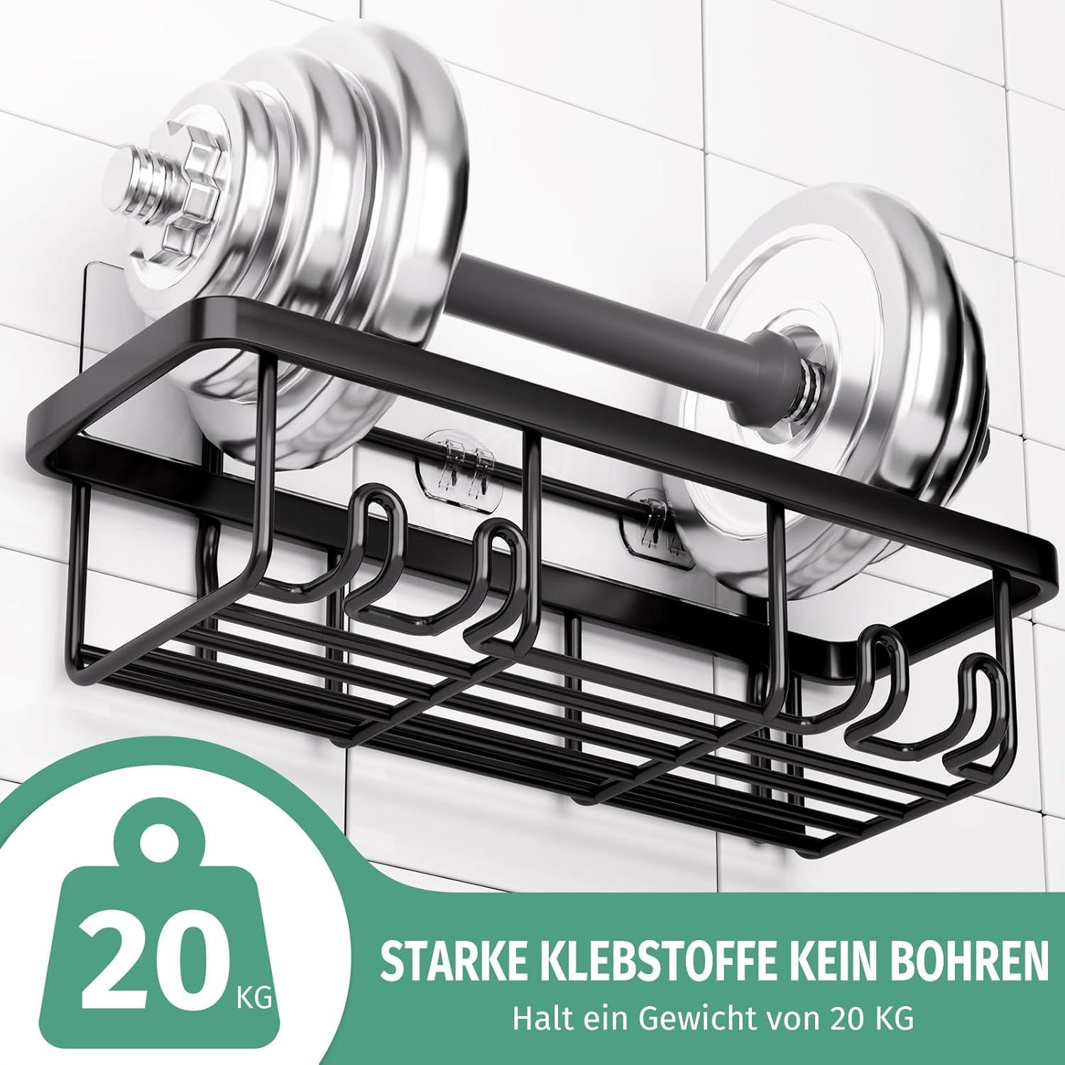 Duschablage ohne Bohren - Haftendes Duschregal mit Zahnpastahalter und Seifenhalter - Schwarz 6er Set