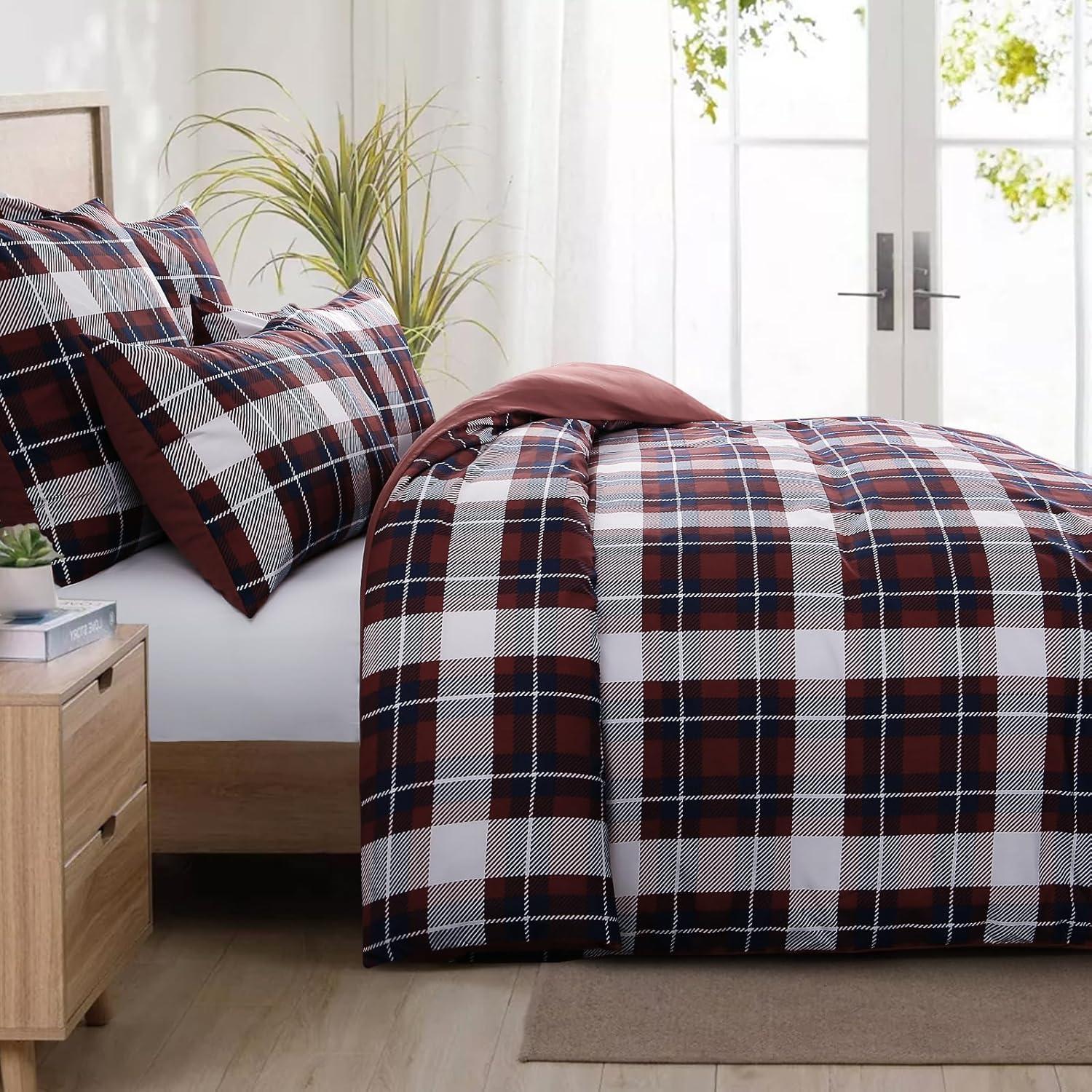 Bettwäsche Set Tartan Muster Mikrofaser Reißverschluss 200x220 Rot