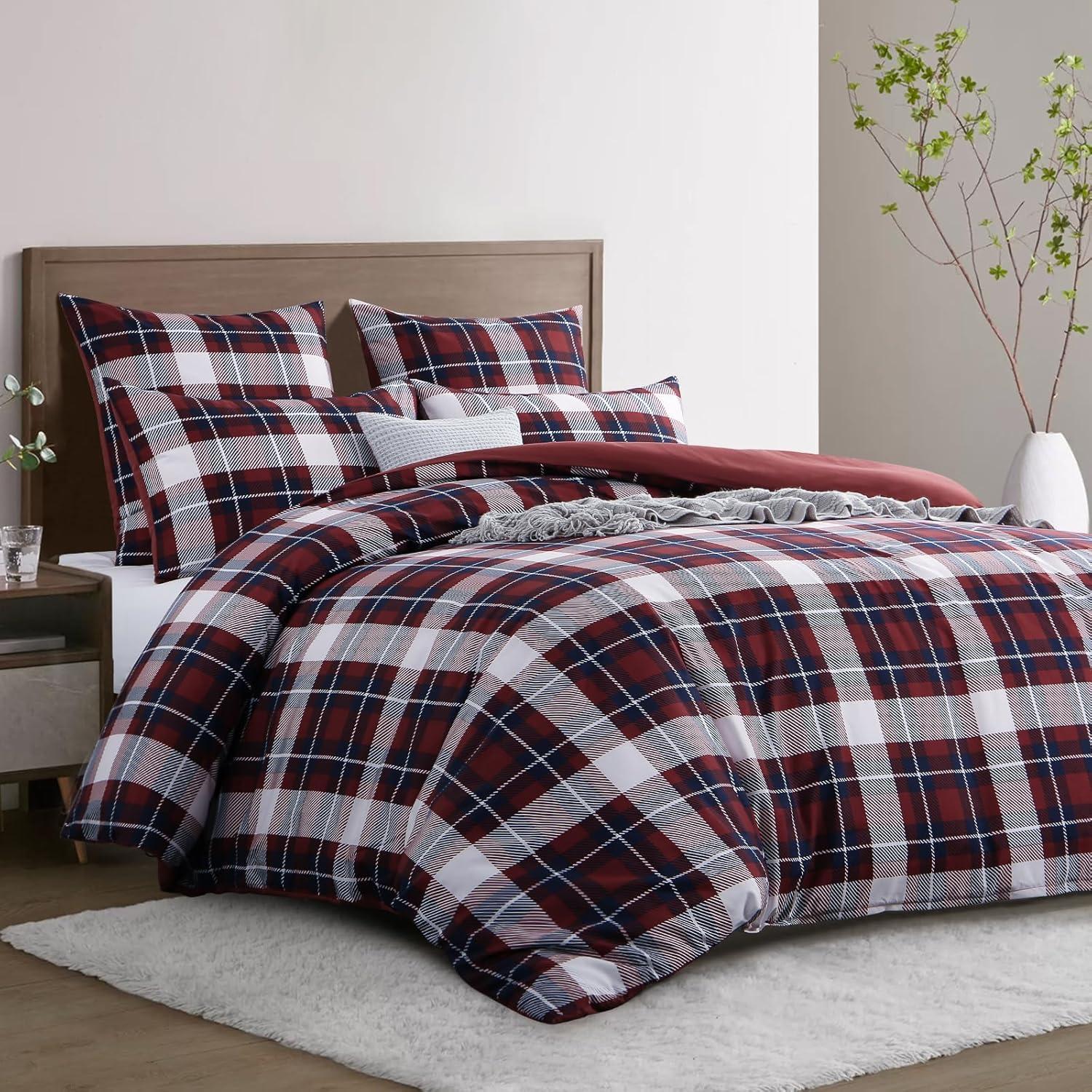 Bettwäsche Set 200x200 Rot Tartan Mikrofaser Weich Bügelfrei