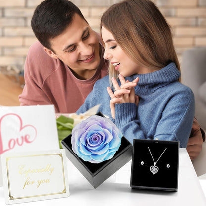 Ewige Rosen Geschenkbox mit Halskette und Ohrringe - Blau+violetti