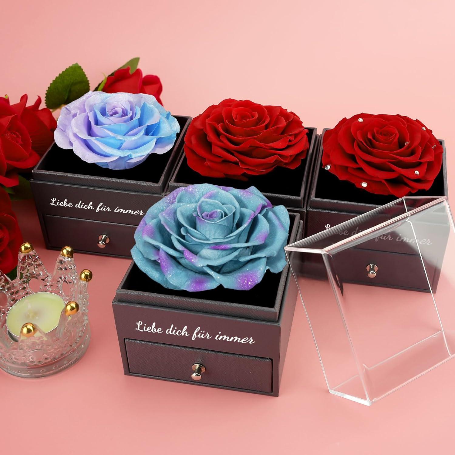 Ewige Rose Geschenkset Blau Violett 925 Silber Halskette Ohrringe