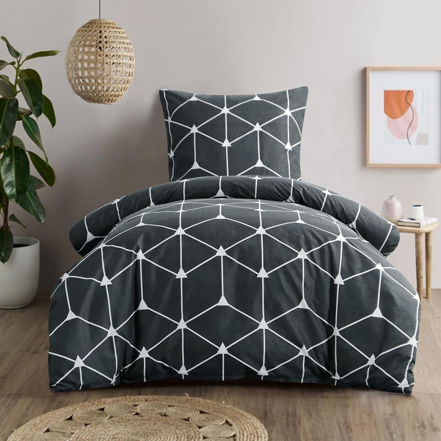Bettwäsche Set 155x220 Geometrie Muster Mikrofaser Anthrazit