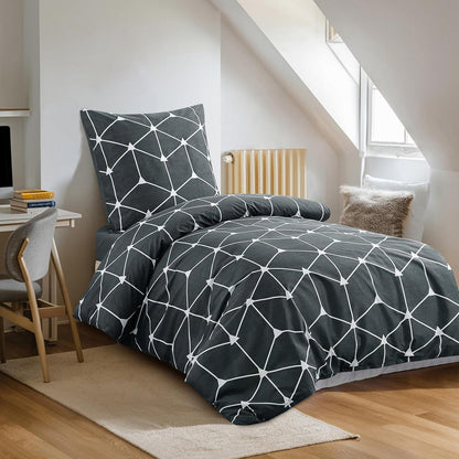 Bettwäsche Set 155x220 Anthrazit Geometrie Muster Mikrofaser