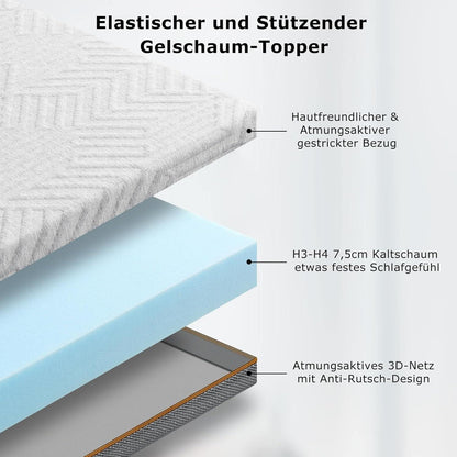 Topper 180x200cm, H3 H4, 7,5cm Höhe Matratzentopper atmungsaktiv