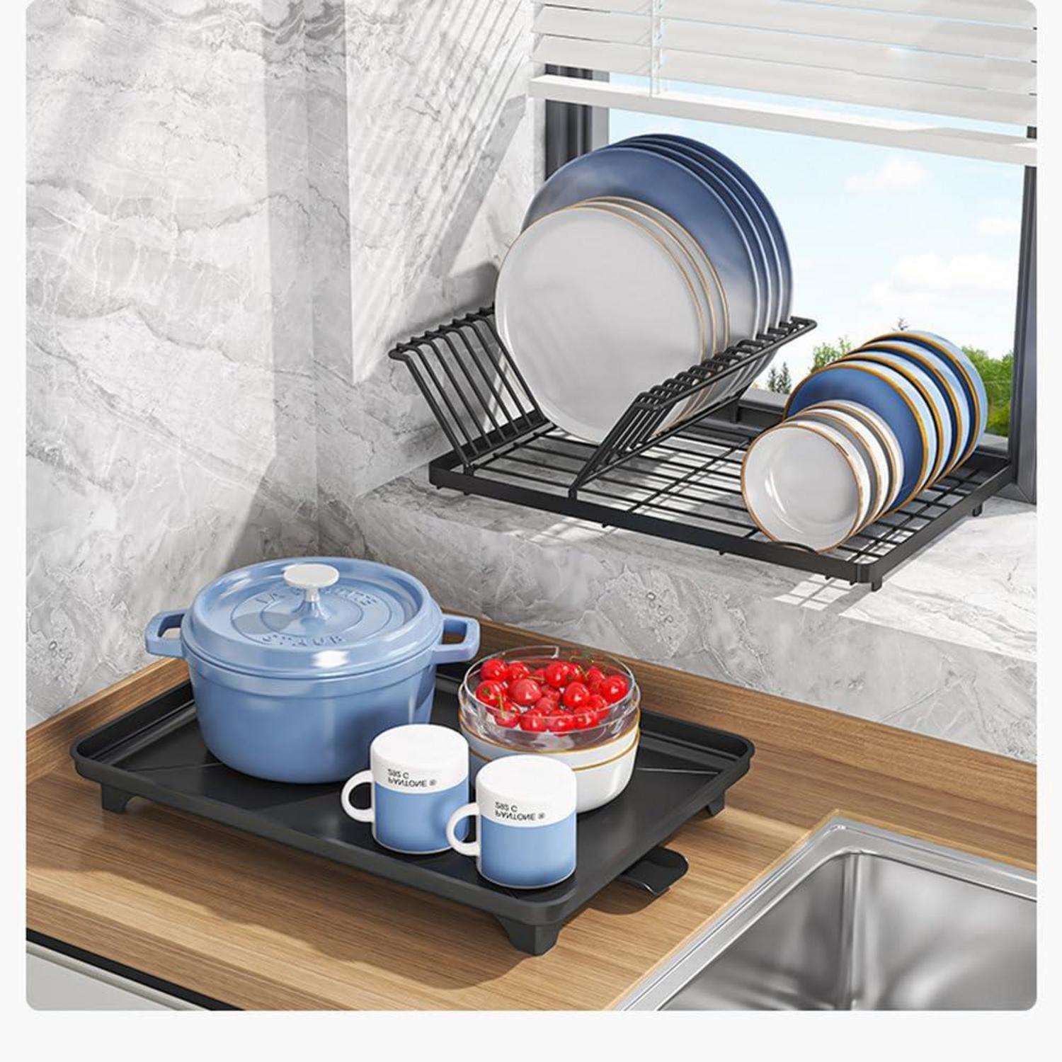 Geschirrständer Schwarz Edelstahl Einlagiges Abtropfgestell mit Besteckhalter, 42x29x14cm