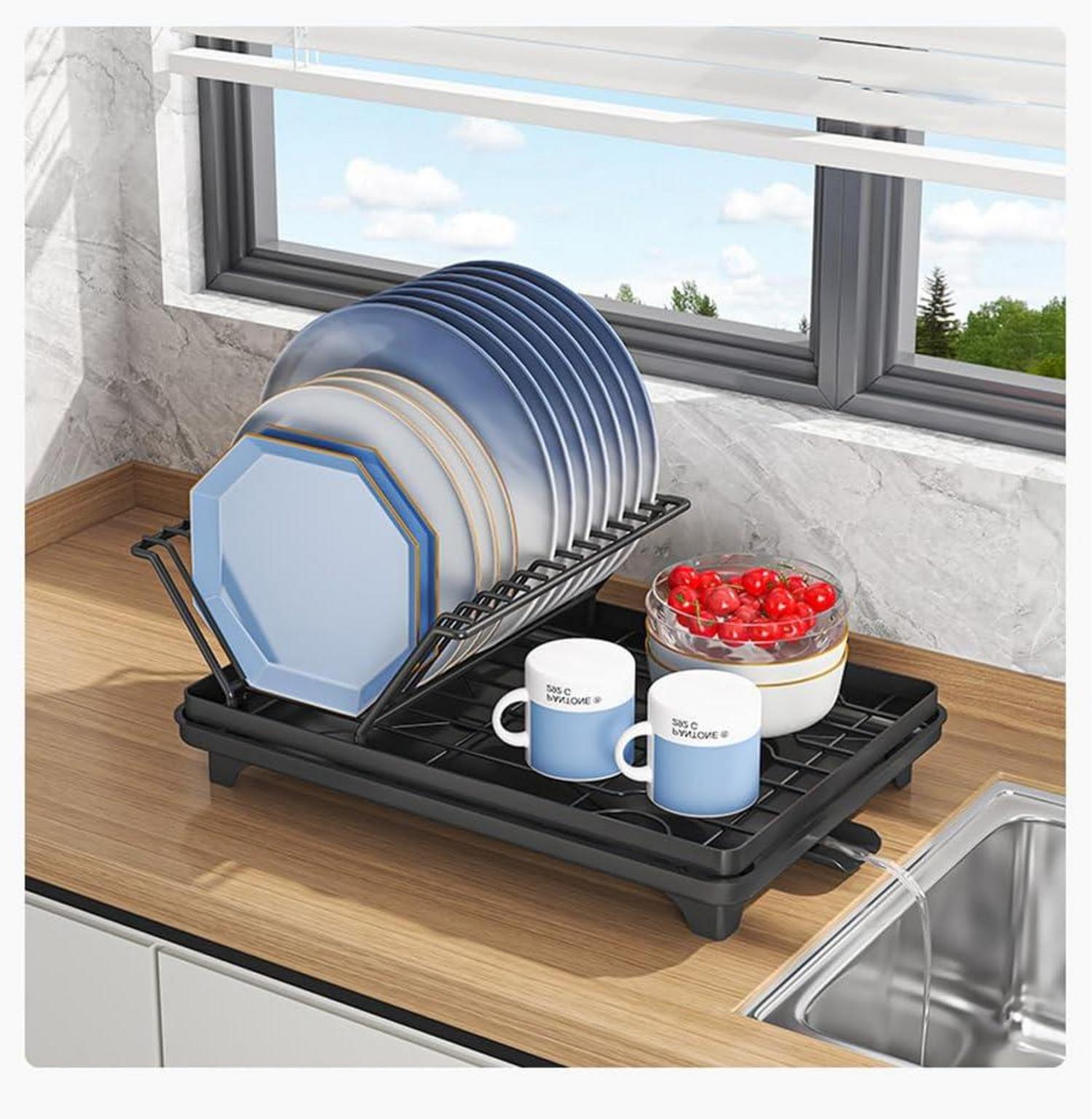 Schwarzes Einlagiges Geschirrabtropfgestell aus Edelstahl mit Besteckhalter
