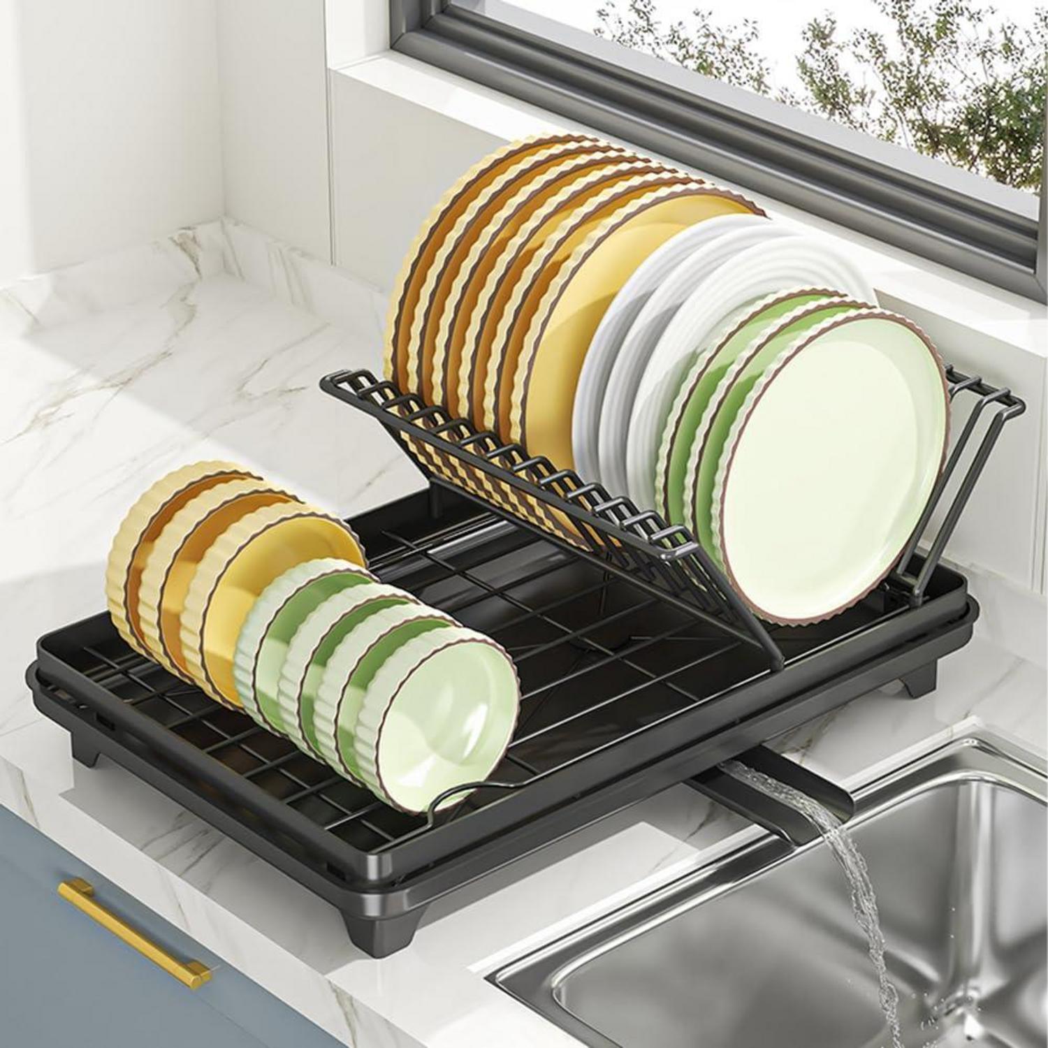 Schwarzes Einlagiges Geschirrabtropfgestell aus Edelstahl mit Besteckhalter