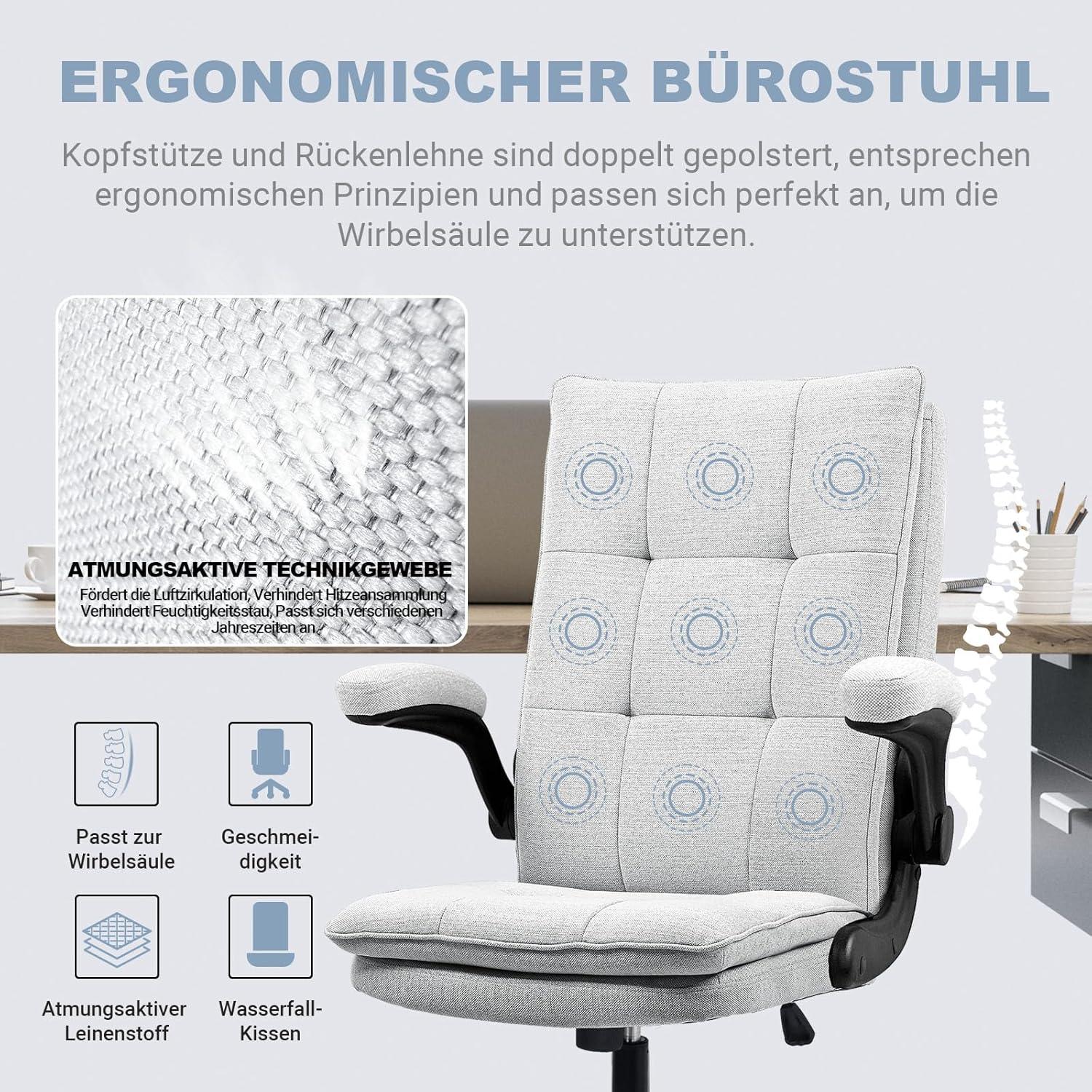 Ergonomischer Bürostuhl mit klappbaren Armlehnen, drehbar, höhenverstellbar - Grau