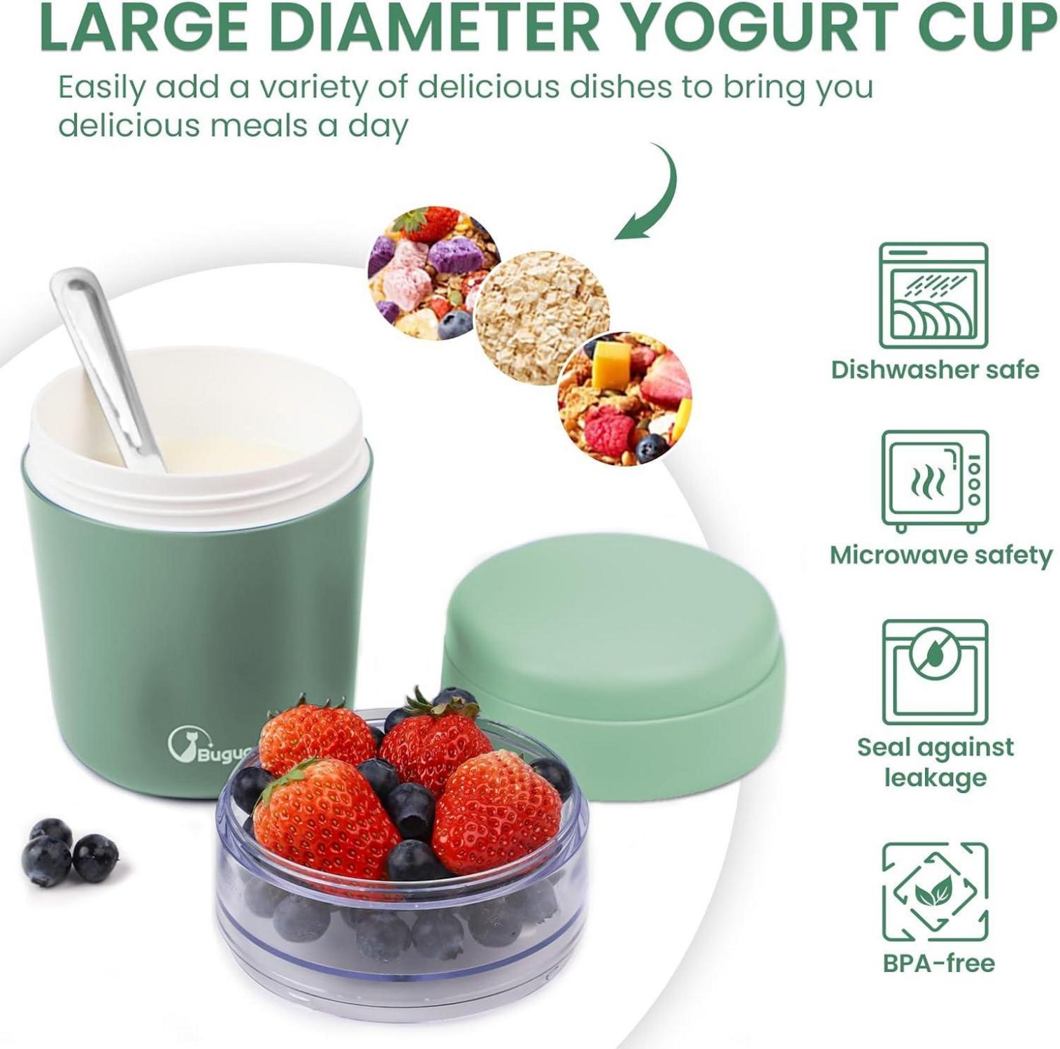 Bugucat 2in1 Müslibecher to Go 650ml, Joghurtbecher mit Löffel, Auslaufsicherer Lunchpot Grün