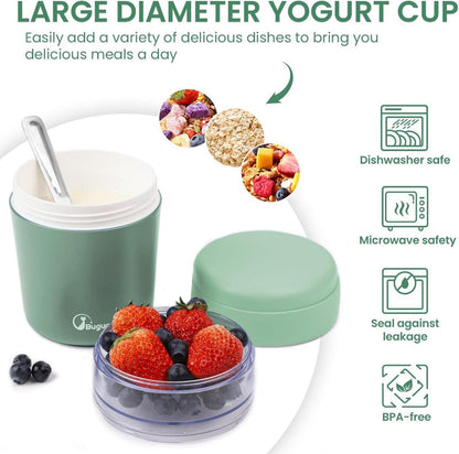 Bugucat 2in1 Müslibecher to Go 650ml, Joghurtbecher mit Löffel, Auslaufsicherer Lunchpot Grün