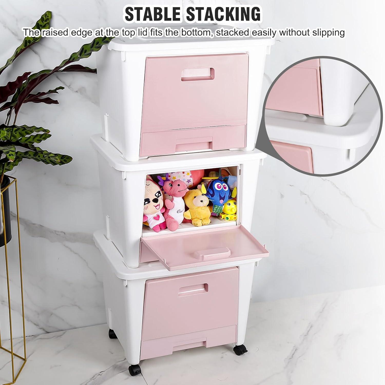 3er Organizer-Box mit Deckel & Schubfächer, Stapelbarer Kunststoffbox, BPA Frei, Rosa