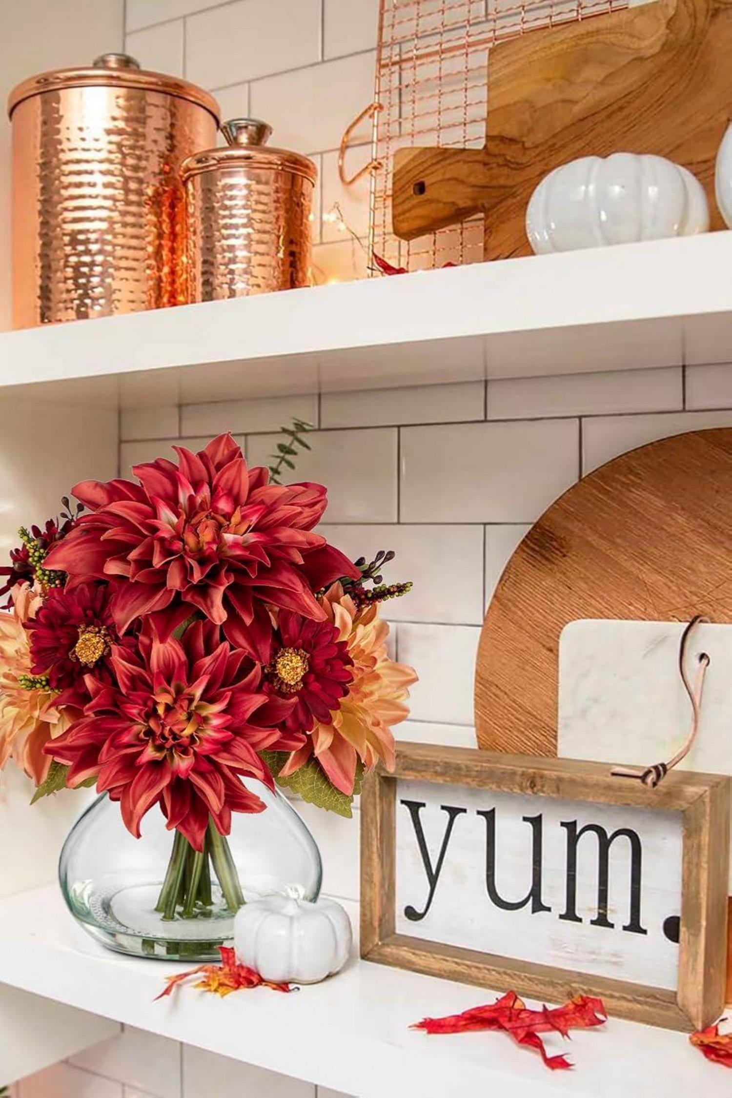 Künstliche Dahlien Chrysantheme Blumengesteck Orange Fuchsia 27 cm Glaskunstvase Herbstdekoration