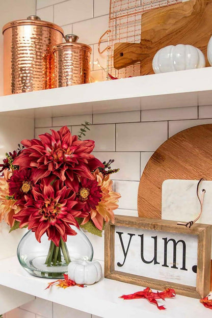 Künstliche Dahlien Chrysantheme Blumengesteck Orange Fuchsia 27 cm Glaskunstvase Herbstdekoration