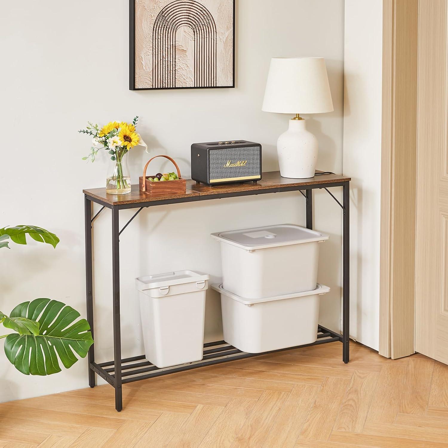 YMYNY Konsolentisch Beistelltisch Spleißdesign Schmaler Sofatisch Werkstoffregal 107×30×78CM Rustikal Braun