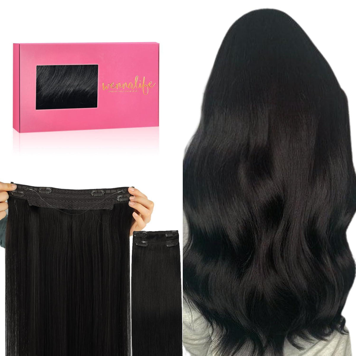 Flip-In Haarverlängerung Echthaar 40cm Naturschwarz Unsichtbarer Draht