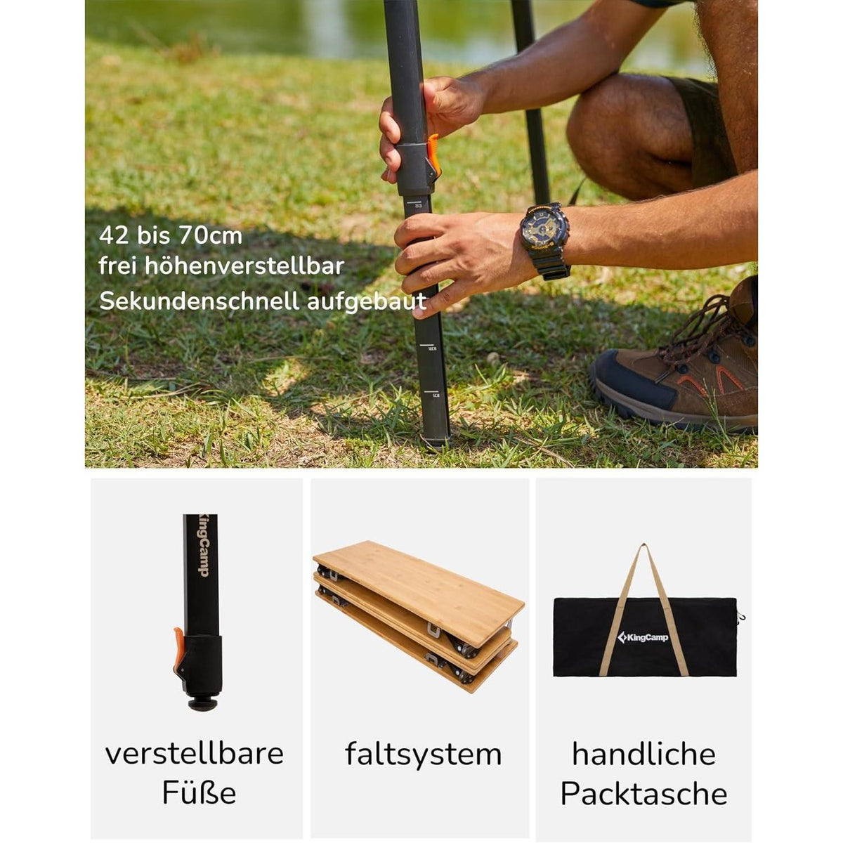 Höhenverstellbarer Bambus Campingtisch klappbar 100x70cm