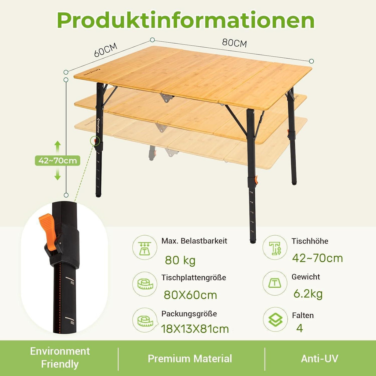 Höhenverstellbarer Bambus Campingtisch klappbar 80x60cm