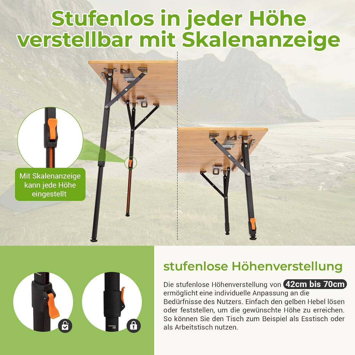 Höhenverstellbarer Bambus Campingtisch klappbar 80x60cm