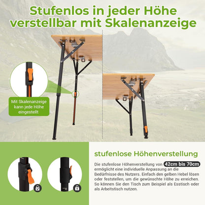 Höhenverstellbarer Bambus Campingtisch klappbar 80x60cm