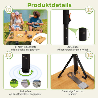 Höhenverstellbarer Bambus Campingtisch klappbar 80x60cm