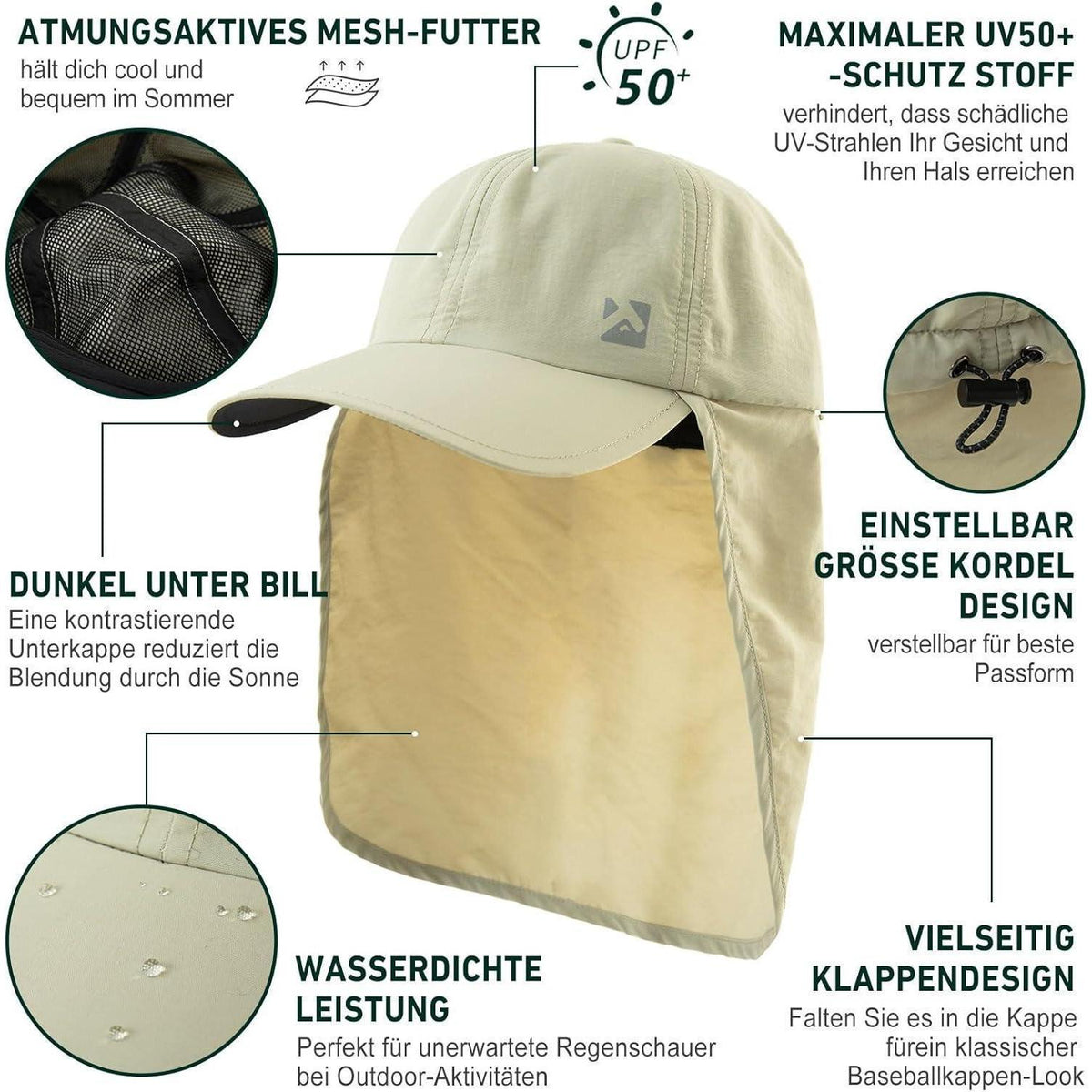 Wasserdichte Baseball Cap mit Nackenklappe UV-Schutz L-XL
