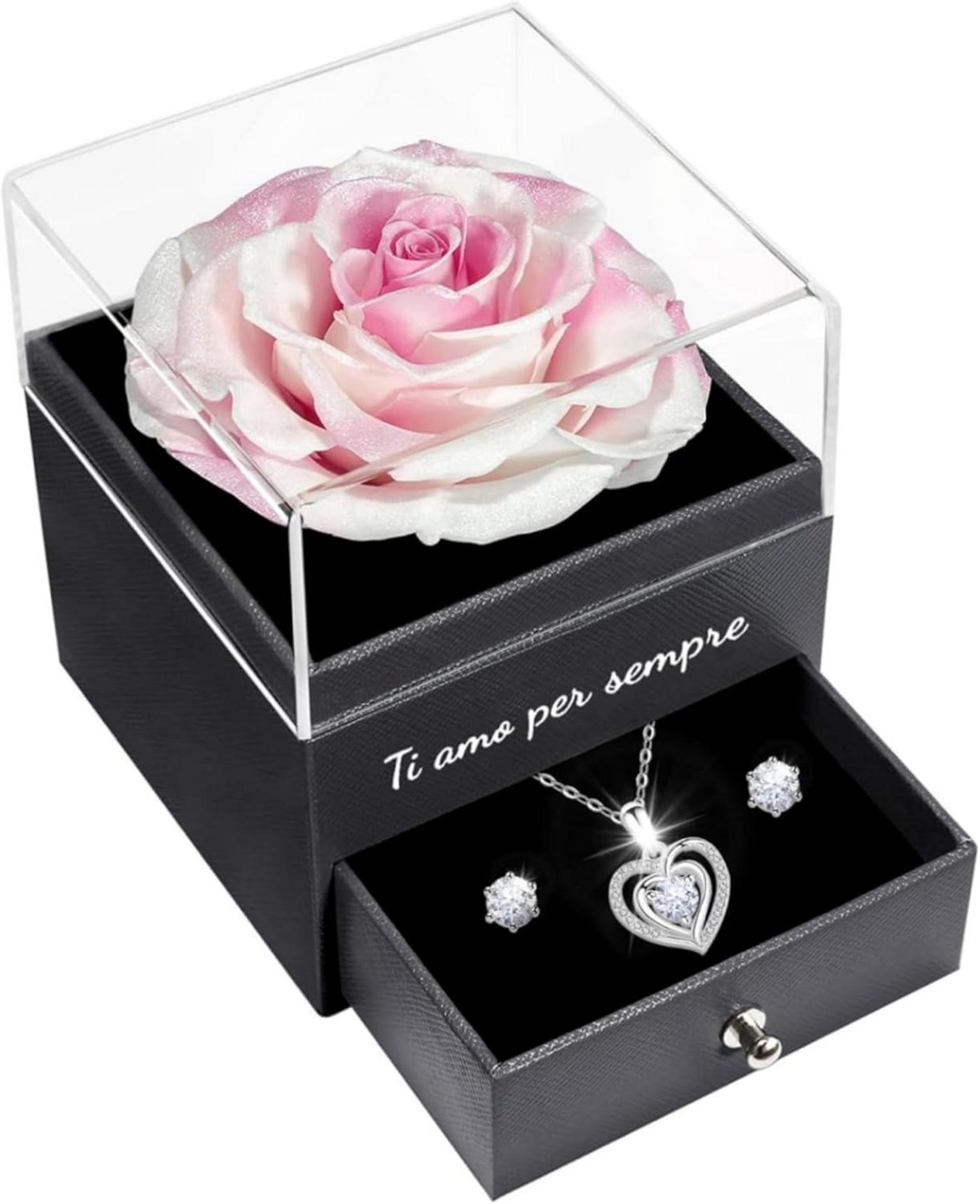 Ewige Konservierte Rosen Geschenkset mit Halskette und Ohrringen