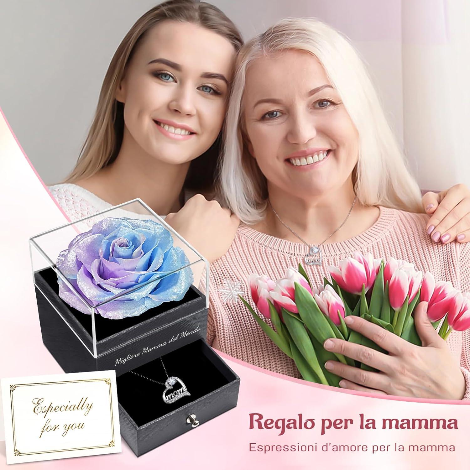 Ewige Rose Blume mit Mom Halskette 925 Silber, Geschenk Muttertag