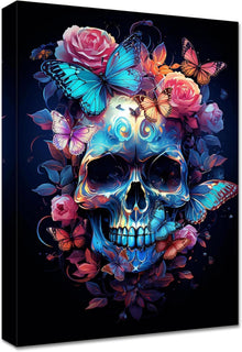 Bunte Blumen Totenkopf Leinwandbild Schmetterling Skelett 30x40cm
