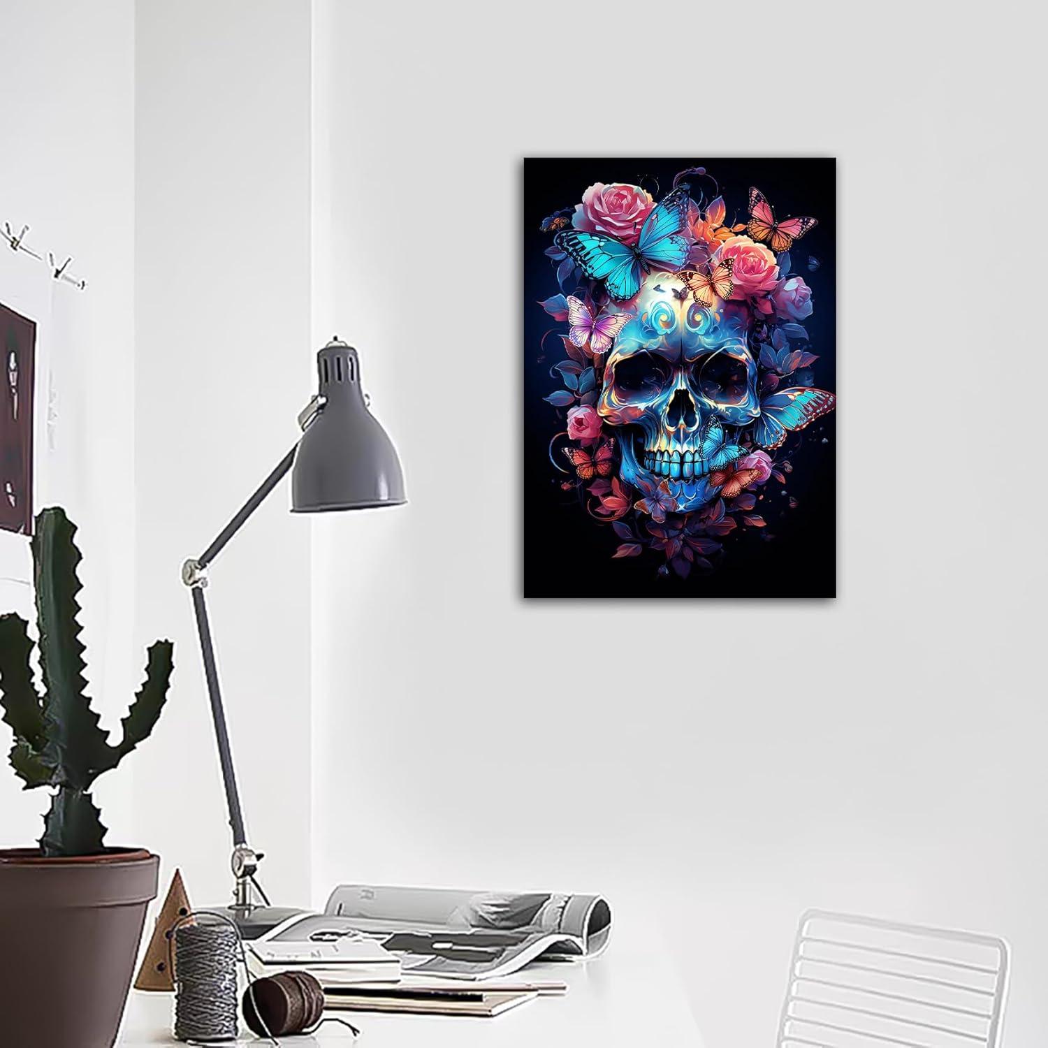 Bunte Blumen Totenkopf Leinwandbild Schmetterling Skelett 30x40cm