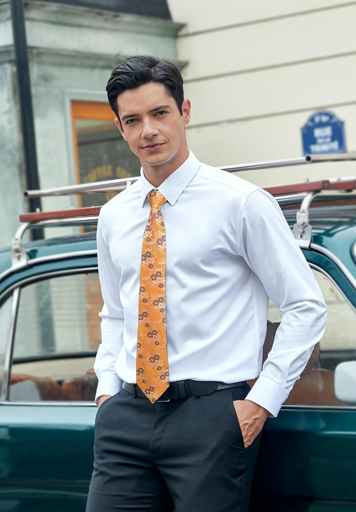 HISDERN Herren Kariertes Krawatten und Einstecktuch Set Orange Business Hochzeit
