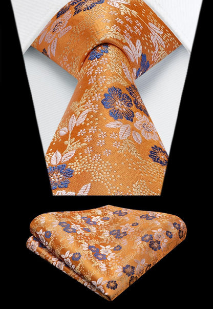 HISDERN Herren Kariertes Krawatten und Einstecktuch Set Orange Business Hochzeit
