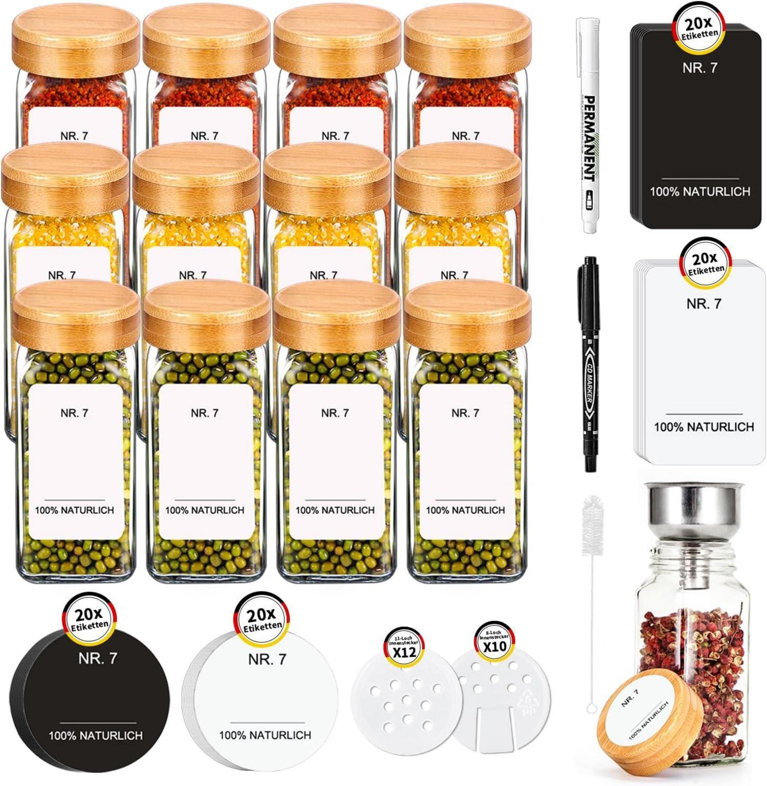 12-teiliges Bamboo-Glasgewürzset mit Etiketten und Zubehör