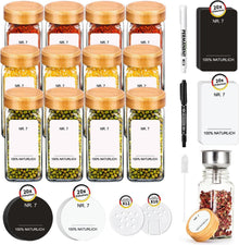 12-teiliges Bamboo-Glasgewürzset mit Etiketten und Zubehör