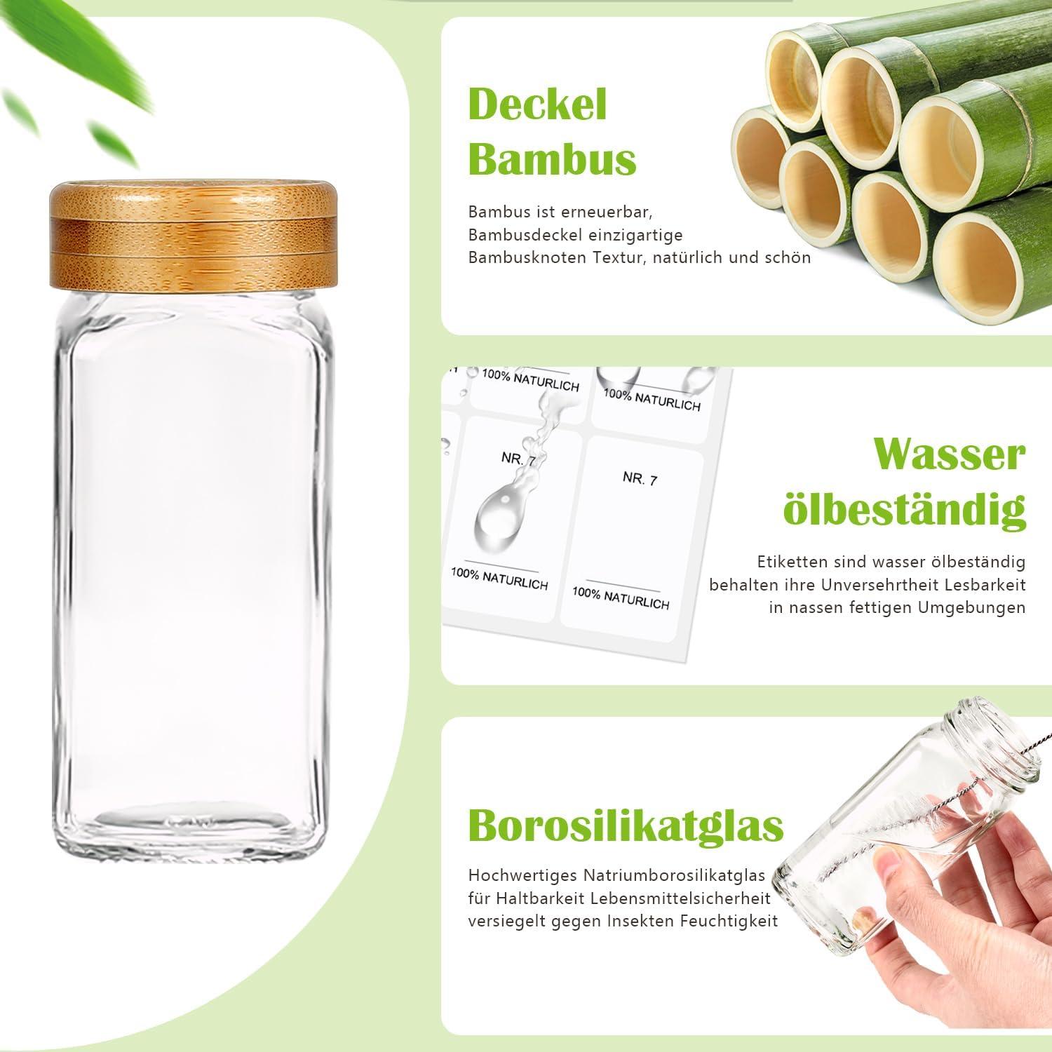 12-teiliges Bamboo-Glasgewürzset mit Etiketten und Zubehör