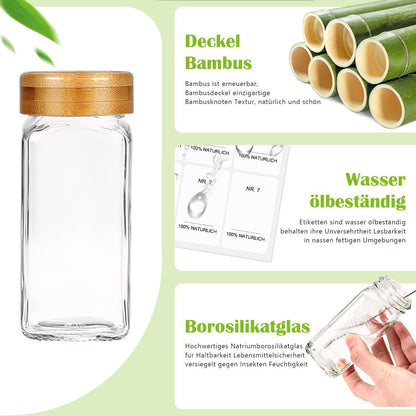 12-teiliges Bamboo-Glasgewürzset mit Etiketten und Zubehör