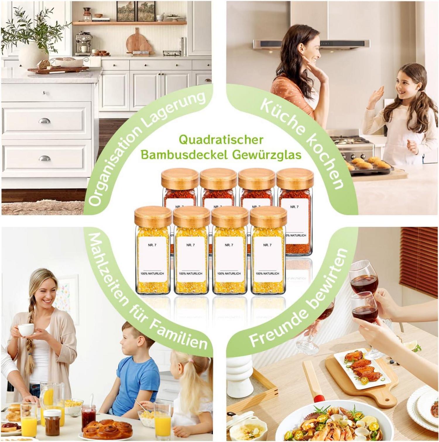 SAEIV Gewürzdosen-Set 12 Gläser 80 Etiketten Bambus-Deckel 120ml-Glas