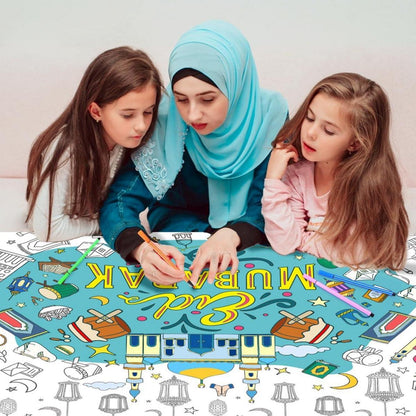 Ausmaltischdecke Eid Mubarak +12 Farbstifte 118x86cm für Kinder Spaß Eid Malen Ramadan Motive