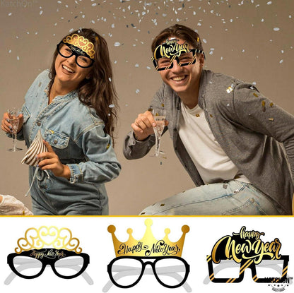 12er Set Silvester Party Fotoautomat Requisiten Brille Zubehör Glitter Papier