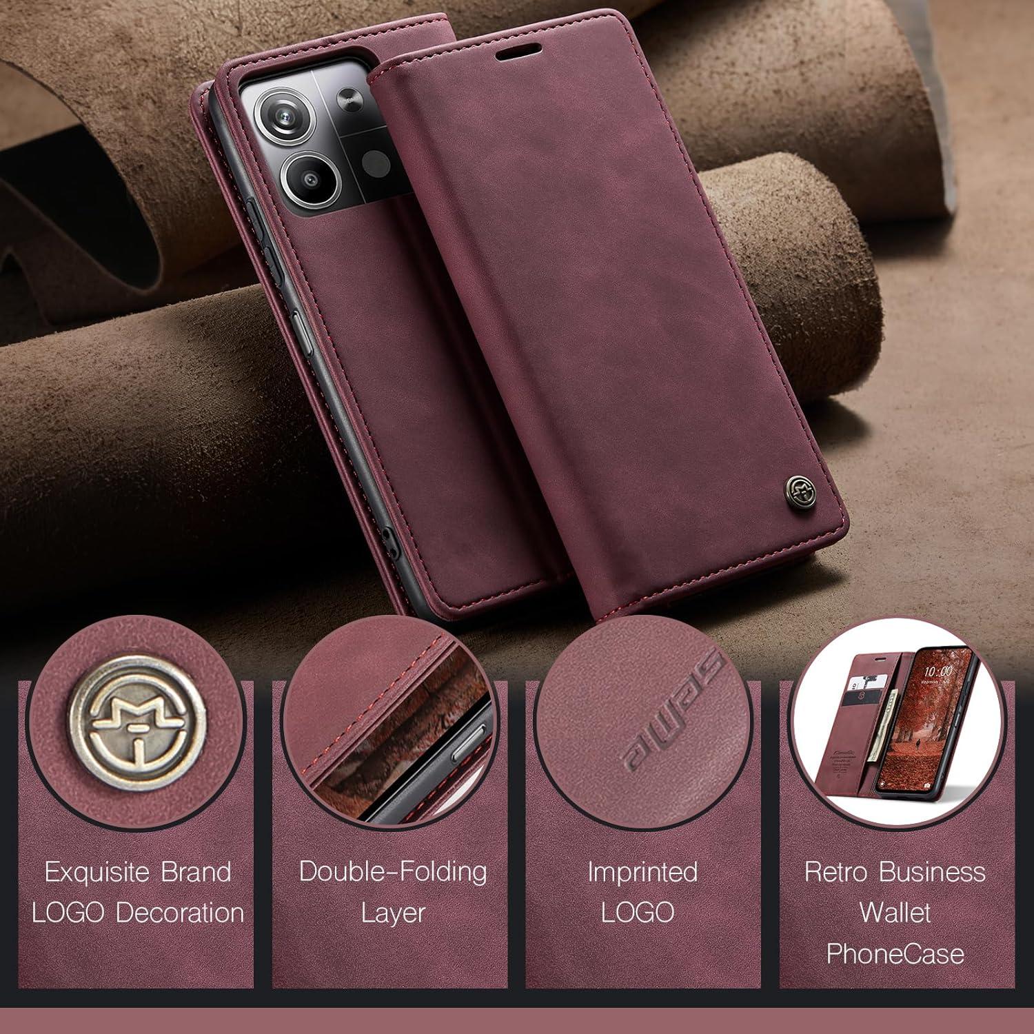 Handyhülle Xiaomi Redmi Note 13 5G Leder Flip Case Kartenfach Weinrot