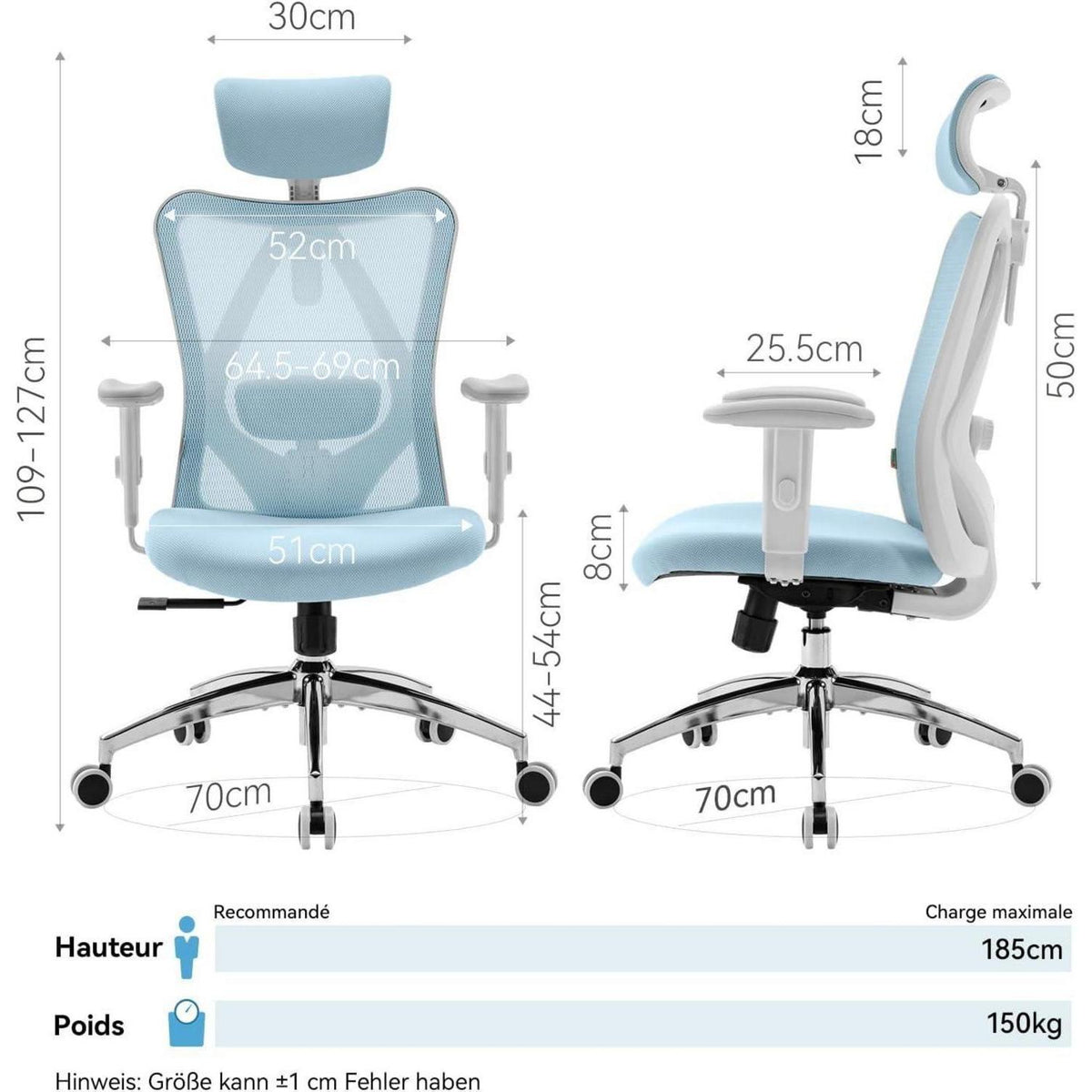 Ergonomischer Bürostuhl mit Kopfstütze und Lendenwirbelstütze, Hellblau