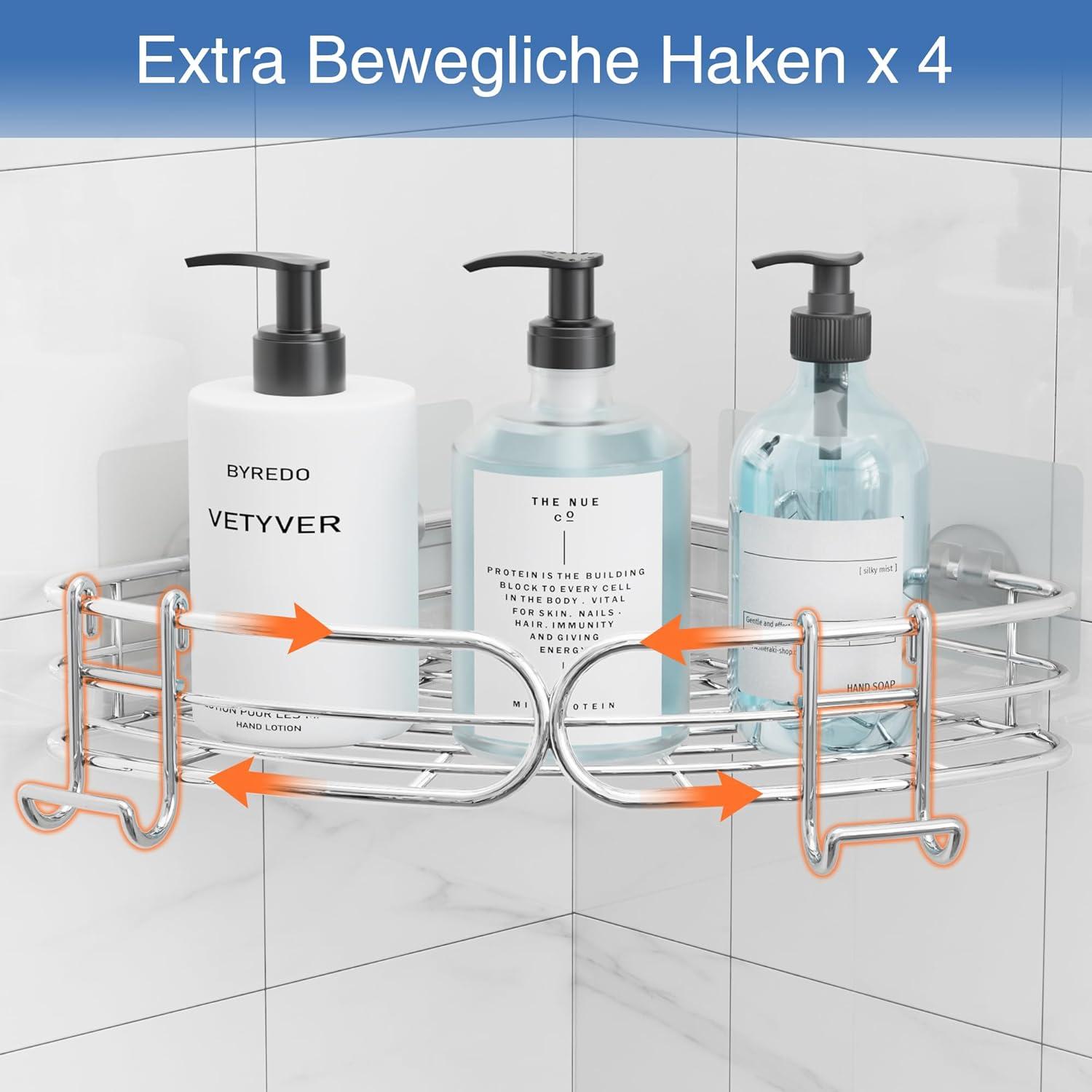 Duschablage Edelstahl 2er-Pack Eckregal ohne Bohren Organizer 4 Haken
