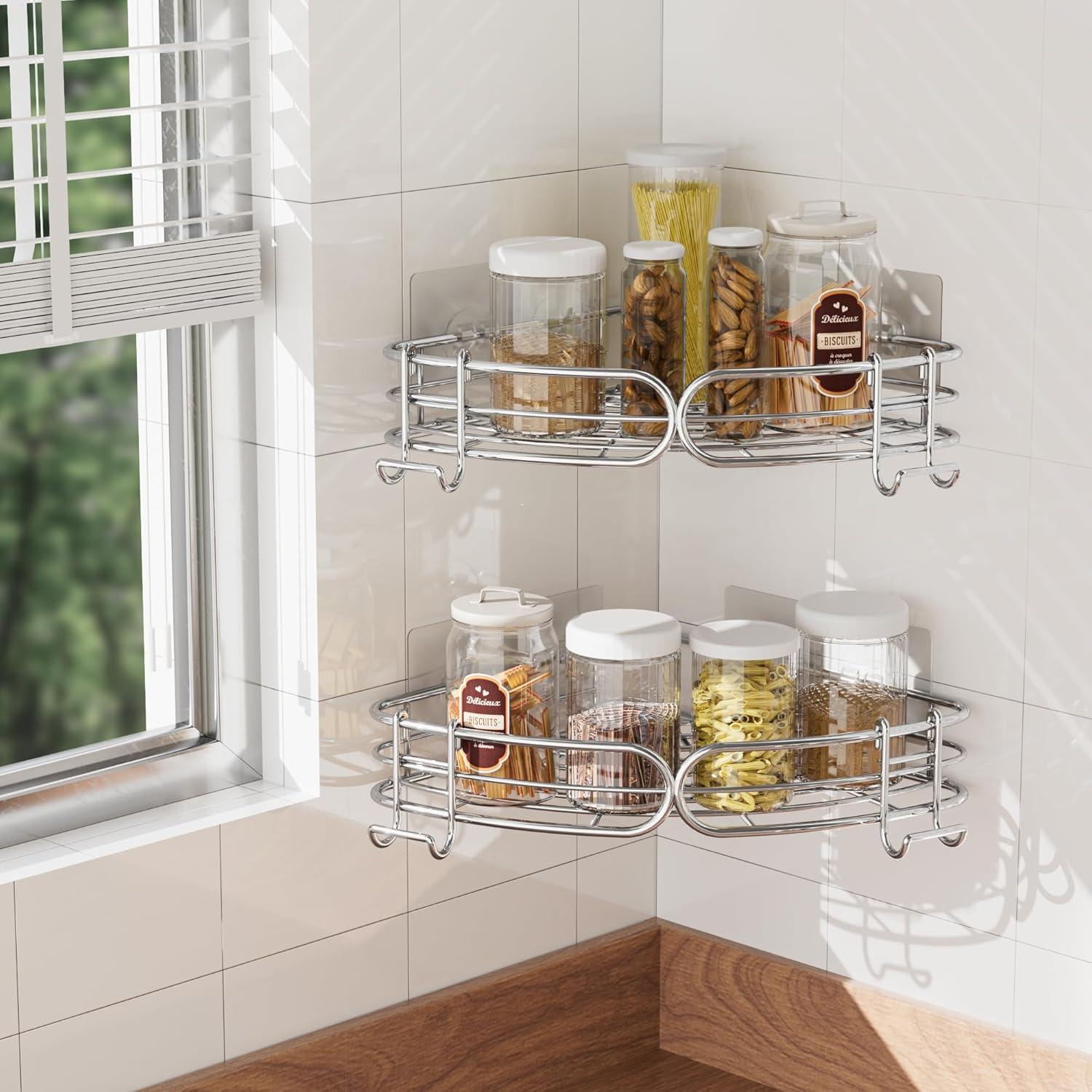 Duschablage Edelstahl 2er-Pack Eckregal ohne Bohren Organizer 4 Haken