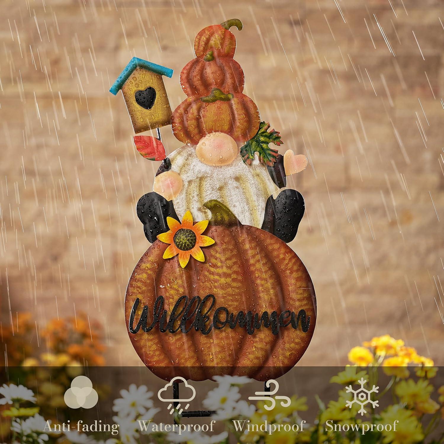 Herbstdeko Gartenfigur GNOME Kürbis Metall 58cm Orange