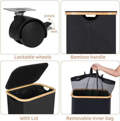 Wäschekorb mit Rollen 110L Schwarz mit Bambusgriffen