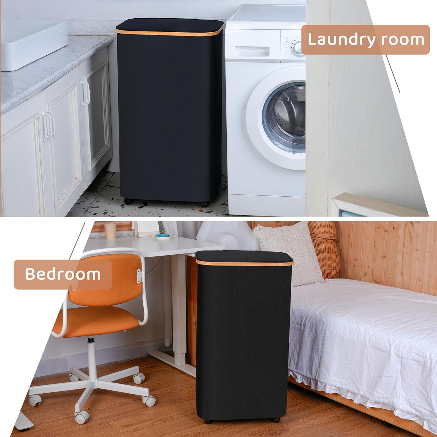 Wäschekorb mit Rollen 110L Schwarz Bambusgriffe herausnehmbarer Bezug