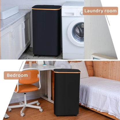 Wäschekorb mit Rollen 110L Schwarz Bambusgriffe herausnehmbarer Bezug