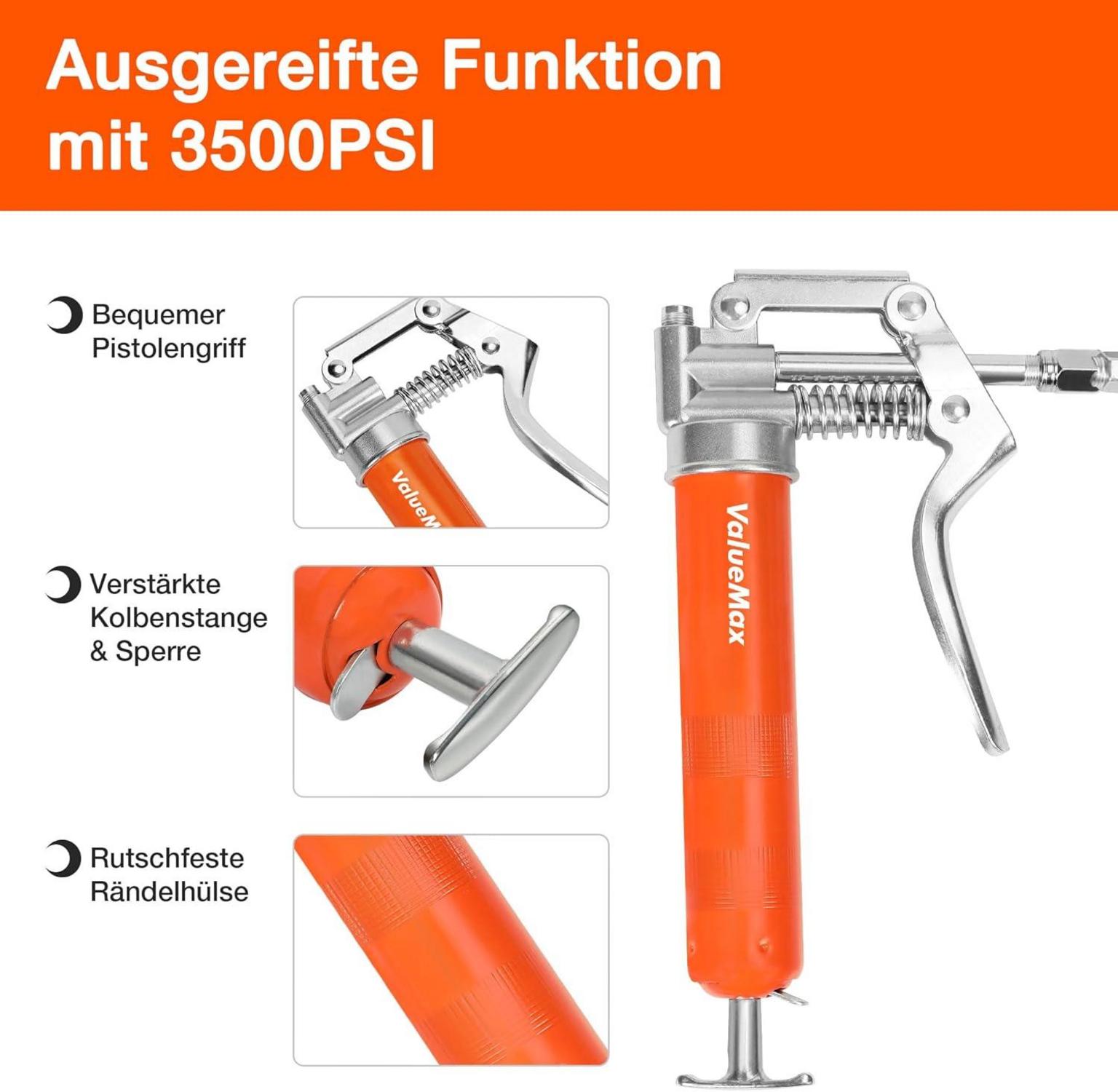 ValueMax Mini Einhand Fettpresse 3000psi Pistolengriff inkl. Schmierfett & Zubehör
